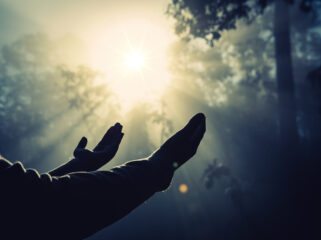 Teenage girl with praying in sunny nature. Young girl meditate in the green forest with sun lights background.